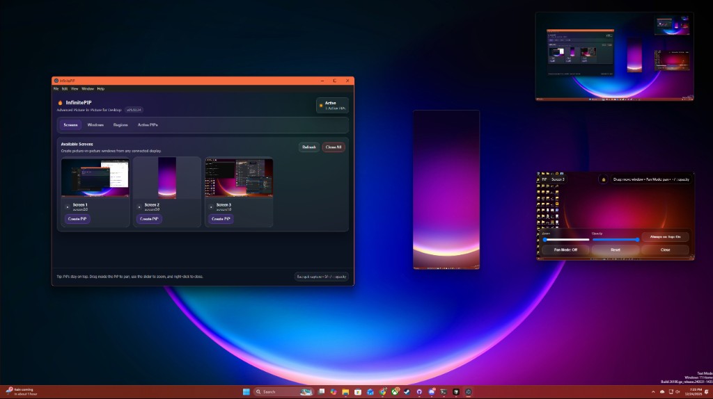 InfinitePIP running on Windows with the main app window and multiple floating picture-in-picture captures